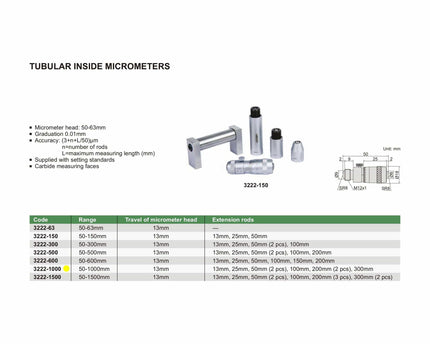 INSIZE Measuring Equipment Insize Tubular Inside Micrometer 50-1000mm Range Series 3222-1000