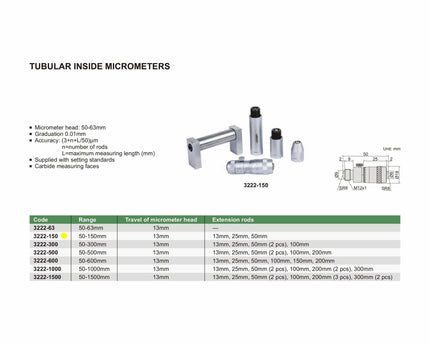 INSIZE Measuring Equipment Insize Tubular Inside Micrometer 50-150mm Range Series 3222-150