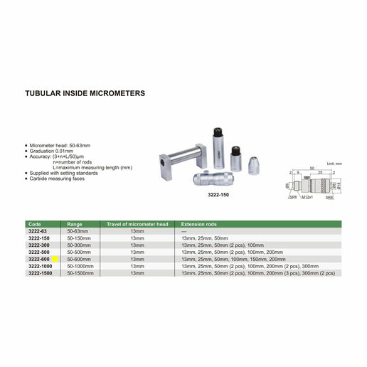 INSIZE Measuring Equipment Insize Tubular Inside Micrometer 50-600mm Range Series 3222-600