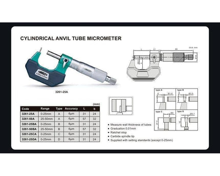 INSIZE Measuring Equipment Insize Type A Cylindrical Anvil Tube Micrometer 0-25mm Range Series 3261-25A