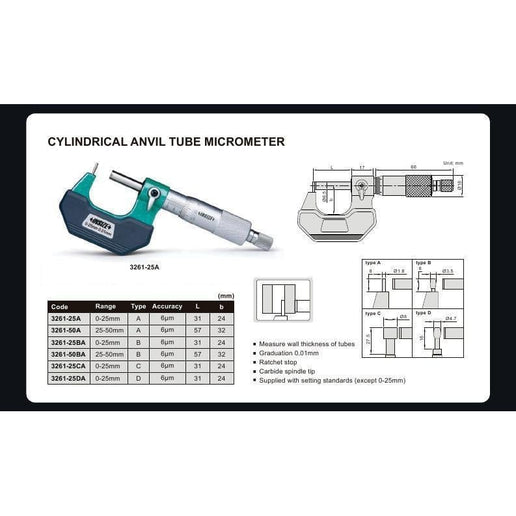INSIZE Measuring Equipment Insize Type A Cylindrical Anvil Tube Micrometer 0-25mm Range Series 3261-25A