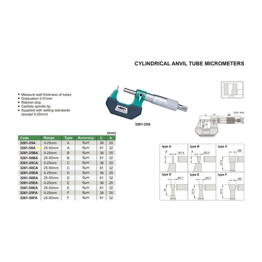 INSIZE Measuring Equipment Insize Type A Cylindrical Anvil Tube Micrometer 25-50mm Range Series 3261-50A