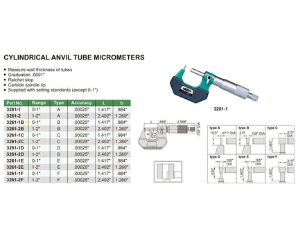 INSIZE Measuring Equipment Insize Type B Cylindrical Anvil Micrometer 0-1" Range Series 3261-1B