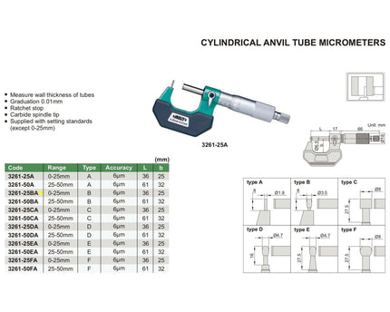 INSIZE Measuring Equipment Insize Type B Cylindrical Anvil Tube Micrometer 0-25mm Range Series 3261-25BA
