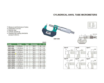 INSIZE Measuring Equipment Insize Type C Cylindrical Anvil Tube Micrometer 0-25mm Range Series 3261-25CA
