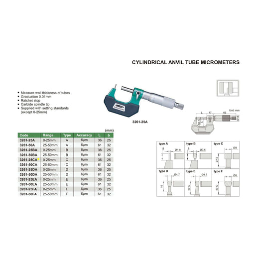 INSIZE Measuring Equipment Insize Type C Cylindrical Anvil Tube Micrometer 0-25mm Range Series 3261-25CA