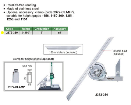 INSIZE Measuring Equipment Insize Universal Protractor 0-360° Range Series 2372-360