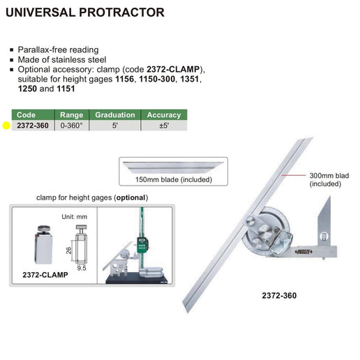 INSIZE Measuring Equipment Insize Universal Protractor 0-360° Range Series 2372-360