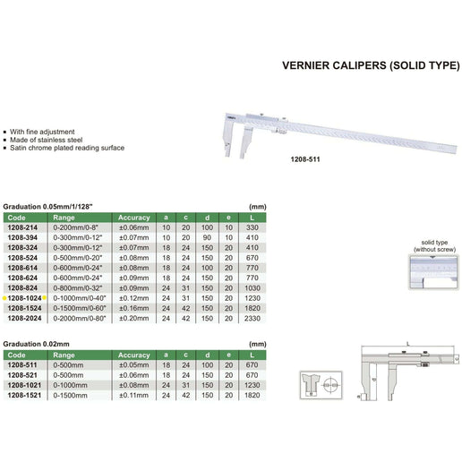 INSIZE Measuring Equipment Insize Vernier Caliper 0-1000mm/0-40" Range Series 1208-1024