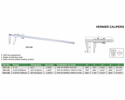 INSIZE Measuring Equipment Insize Vernier Caliper 0-12" Range Series 1211-12
