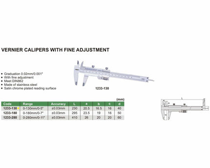 INSIZE Measuring Equipment Insize Vernier Caliper 0-130mm/0-5" Range Series 1233-130