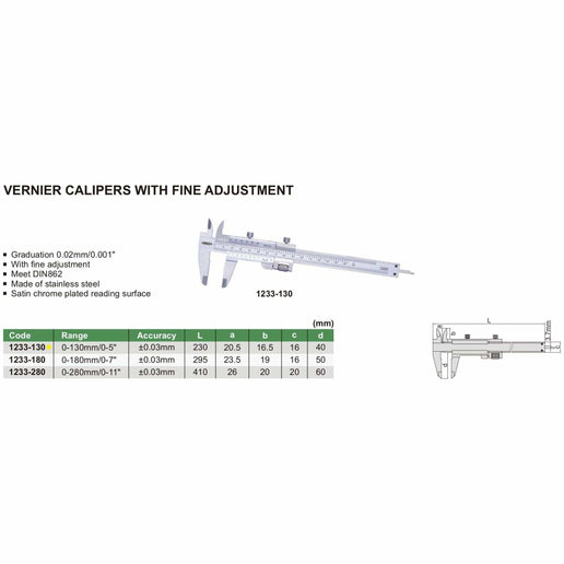 INSIZE Measuring Equipment Insize Vernier Caliper 0-130mm/0-5" Range Series 1233-130