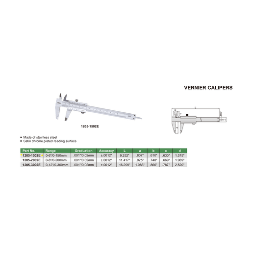 INSIZE Measuring Equipment Insize Vernier Caliper 0-150mm/0-6" Range Series 1205-1502E