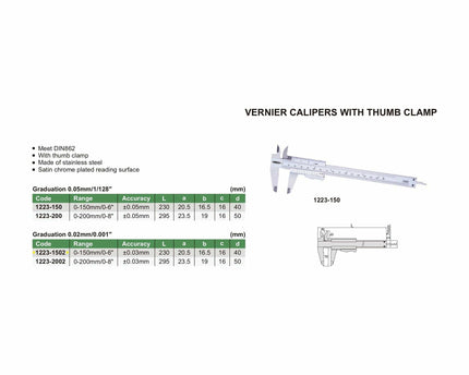 INSIZE Measuring Equipment Insize Vernier Caliper 0-150mm/0-6" Range Series 1223-1502