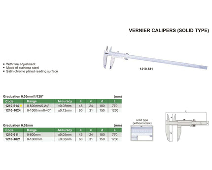 INSIZE Measuring Equipment Insize Vernier Caliper 0-24" Range Series 1210-614