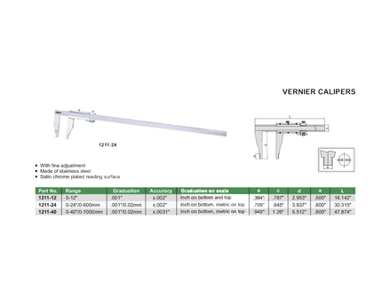INSIZE MEASURING EQUIPMENT Insize Vernier Caliper 0–40" Range Series 1211-40
