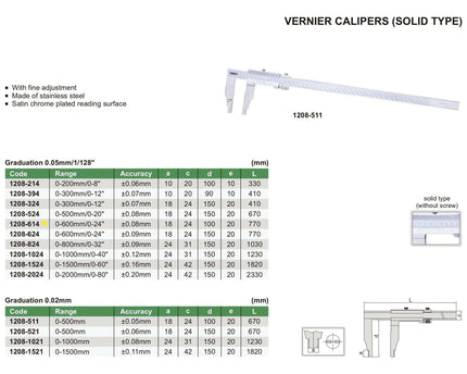 INSIZE Measuring Equipment Insize Vernier Caliper 0-600mm/0-24" Range Series 1208-614