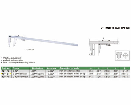 INSIZE Measuring Equipment Insize Vernier Caliper 0-600mm/0-24" Range Series 1211-24