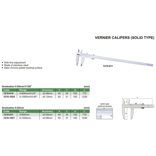 INSIZE Measuring Equipment Insize Vernier Caliper 0-600mm Range Series 1210-611