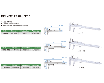 INSIZE Measuring Equipment Insize Vernier Caliper 0-70mm Range Series 1204-70