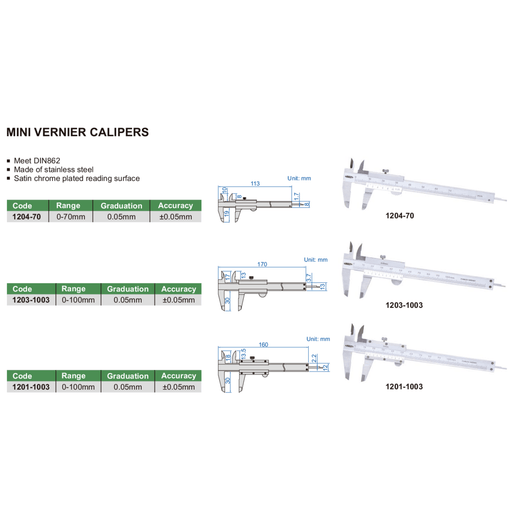 INSIZE Measuring Equipment Insize Vernier Caliper 0-70mm Range Series 1204-70