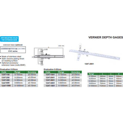INSIZE Measuring Equipment Insize Vernier Depth Gauge 0-1000mm Range Series 1247-1001