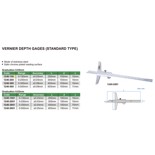 INSIZE Measuring Equipment Insize Vernier Depth Gauge 0-150mm Range Series 1240-150