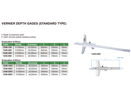 INSIZE Measuring Equipment Insize Vernier Depth Gauge 0-150mm Range Series 1240-1501