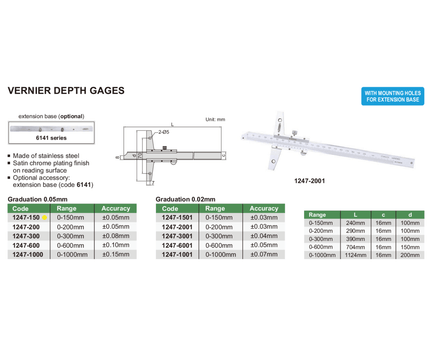 INSIZE Measuring Equipment Insize Vernier Depth Gauge 0-150mm Range Series 1247-150