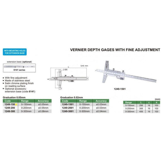 INSIZE Measuring Equipment Insize Vernier Depth Gauge 0-150mm Range Series 1249-150