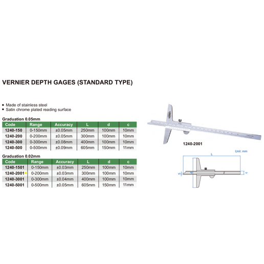 INSIZE Measuring Equipment Insize Vernier Depth Gauge 0-200mm Range Series 1240-2001