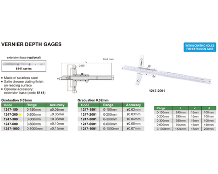 INSIZE Measuring Equipment Insize Vernier Depth Gauge 0-200mm Range Series 1247-200