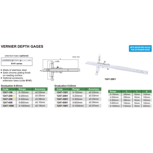 INSIZE Measuring Equipment Insize Vernier Depth Gauge 0-200mm Range Series 1247-200