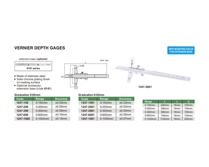 INSIZE Measuring Equipment Insize Vernier Depth Gauge 0-200mm Range Series 1247-2001
