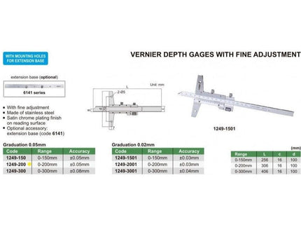 INSIZE Measuring Equipment Insize Vernier Depth Gauge 0-200mm Range Series 1249-200