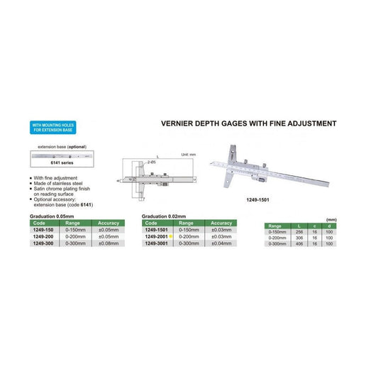 INSIZE Measuring Equipment Insize Vernier Depth Gauge 0-200mm Range Series 1249-2001
