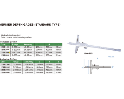 INSIZE Measuring Equipment Insize Vernier Depth Gauge 0-300mm Range Series 1240-300
