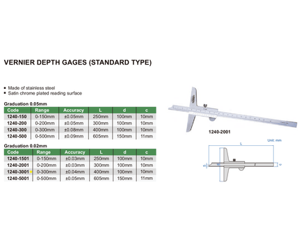 INSIZE Measuring Equipment Insize Vernier Depth Gauge 0-300mm Range Series 1240-3001