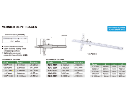 INSIZE Measuring Equipment Insize Vernier Depth Gauge 0-300mm Range Series 1247-300