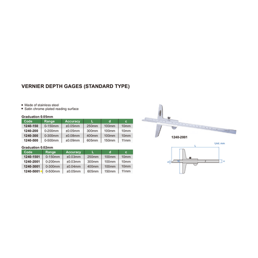 INSIZE Measuring Equipment Insize Vernier Depth Gauge 0-500mm Range Series 1240-5001