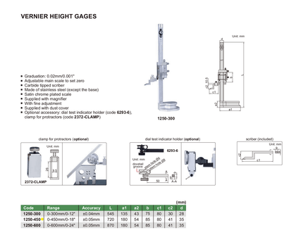 INSIZE Measuring Equipment Insize Vernier Height Gauge 0-450mm / 0-18" Range Series 1250-450