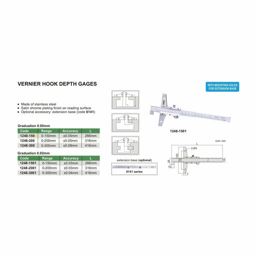 INSIZE Measuring Equipment Insize Vernier Hook Depth Gauge 0-150mm Range Series 1248-150