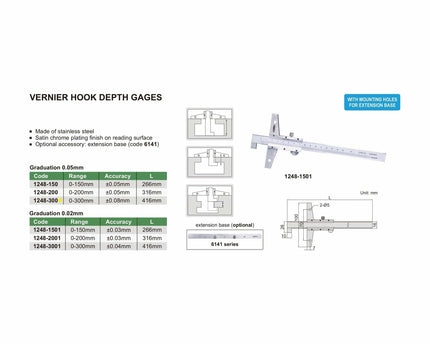 INSIZE Measuring Equipment Insize Vernier Hook Depth Gauge 0-300mm Range Series 1248-300