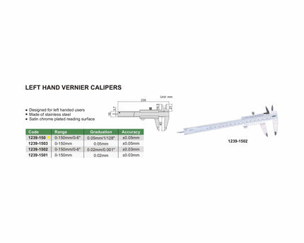 INSIZE Measuring Equipment Insize Vernier Left Hand Caliper 0-150mm/0-6" Range Series 1239-150