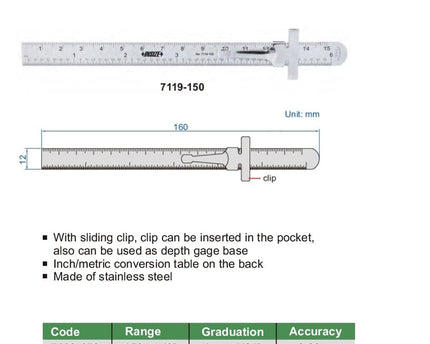 INSIZE Measuring Equipment Stainless Steel Pocket Ruler with depth gauge 0-150mm Series 7119-150